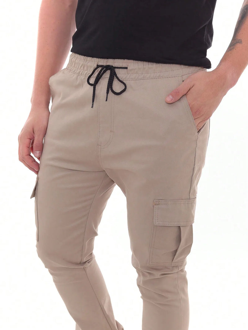 Calça Cargo Bege Com Bolsos e Cordão Ajustável Modelo Premium